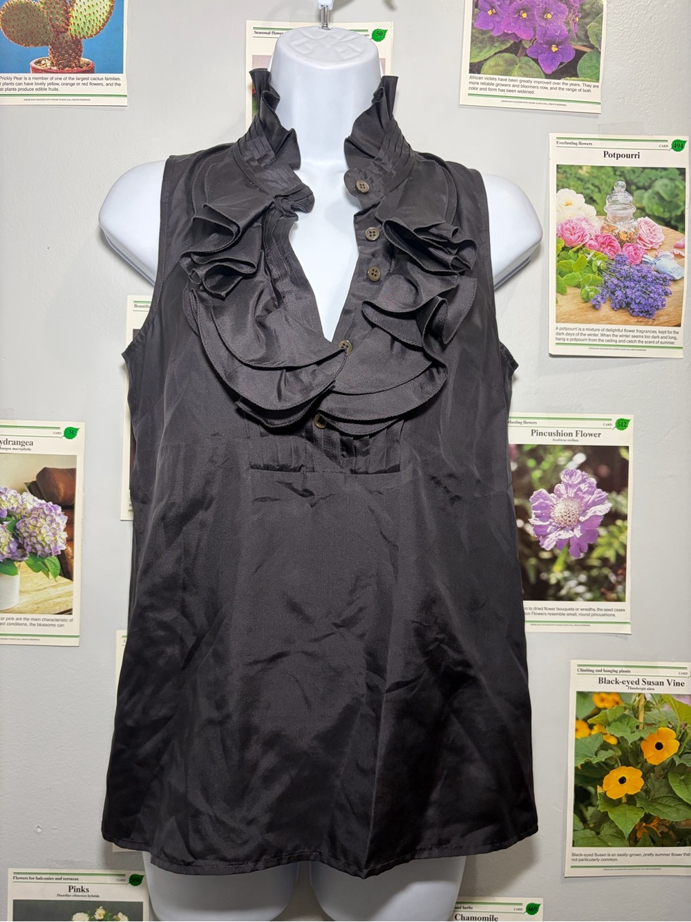 J. Crew Black Sleeveless Ruffle V-Neck Blouse